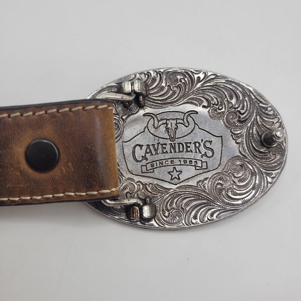Cavender's Belt Boy 22 Brown Leather Oval Rodeo Buckle Western Cowboy Floral - Picture 5 of 7